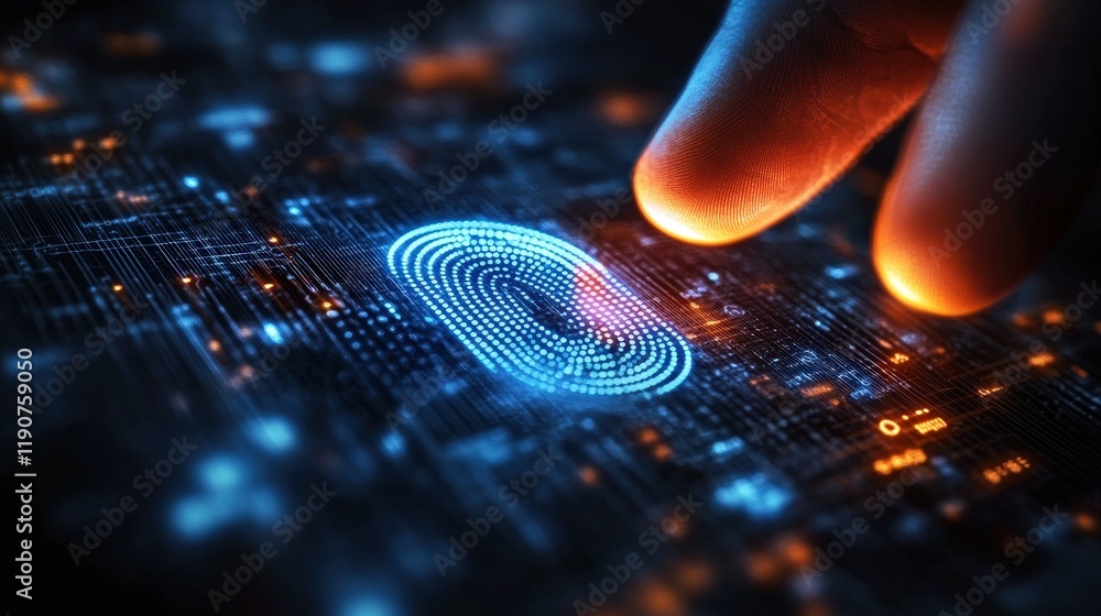 Poster detailed fingerprint sensor and digital security interface with futuristic background for cyber prot
