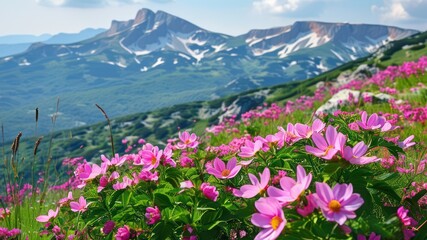 Fototapeta premium Vibrant pink flowers bloom in lush green landscape, set against majestic mountainous backdrop under bright blue sky