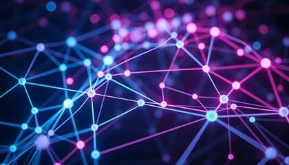 Abstract network visualization, glowing geometric lines, interconnected nodes, futuristic technology concept, digital web, purple and blue neon lights, dark background, depth of field, bokeh effect