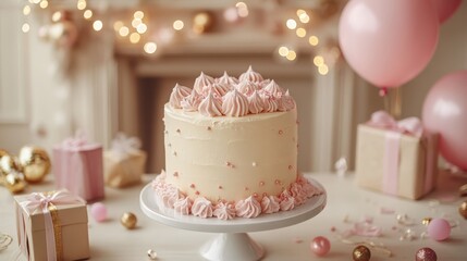 Stylish and modern cake surrounded by gifts and balloons. Pastel colors. Generative AI.