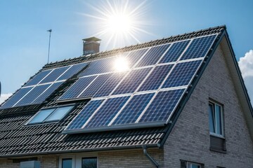 Obraz premium Solar panels on house roof, sunny day. Sustainable energy