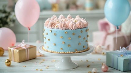 Stylish and modern cake surrounded by gifts and balloons. Pastel colors. Generative AI.
