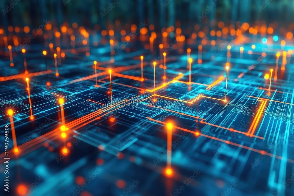 Poster advanced digital network with bright glowing nodes and interconnected lines in a futuristic data env