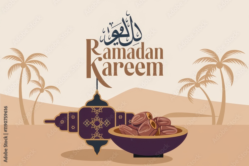Poster ramadan kareem desert scene with dates and lantern
