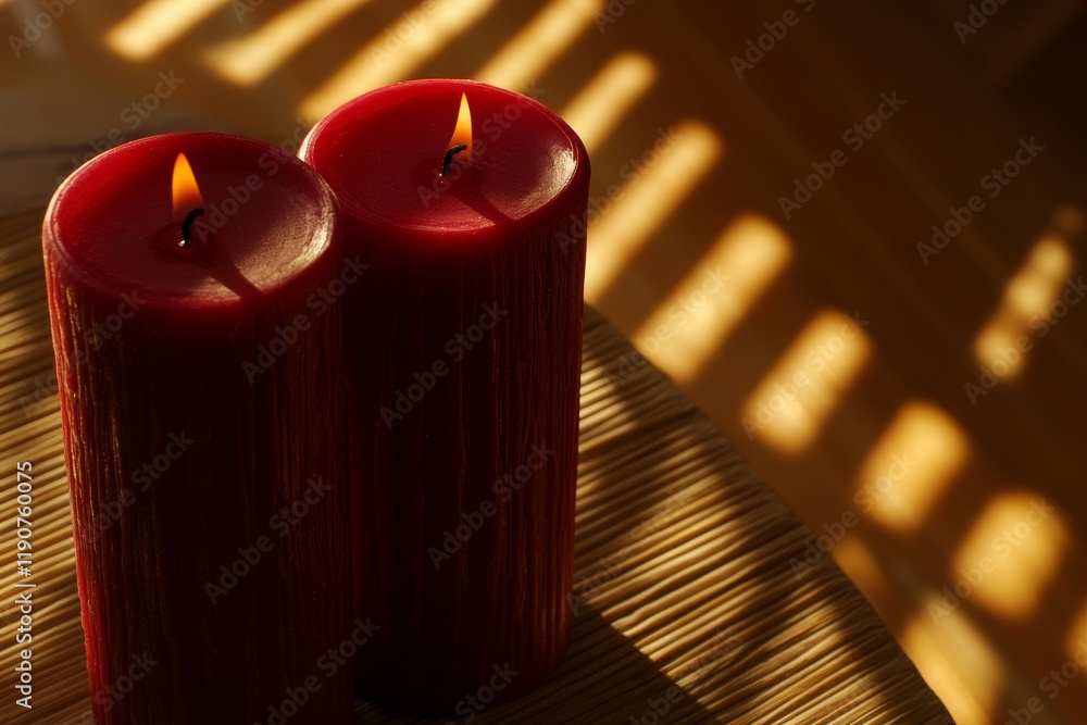 Poster two red candles with flickering flames casting soft shadows on a textured surface, creating a warm a