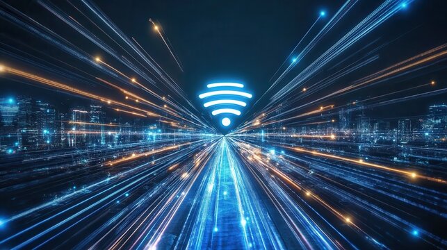 Blue light streak and fiber optic illustrating the speed and futuristic technology of 5G or 6G wireless data transmission, suitable for high-speed internet concepts.