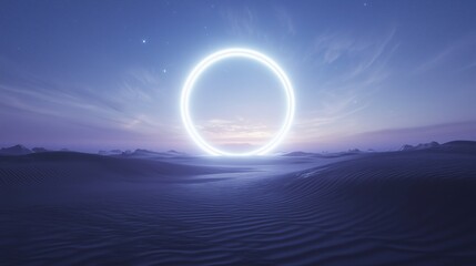 A mysterious glowing portal floating above a serene desert landscape, with shimmering lights and sand ripples indicating a distortion in time 