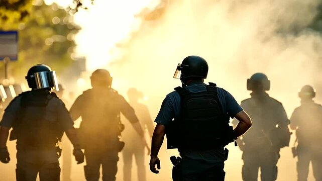 Dramatic Protest Arrest with Tear Gas Background