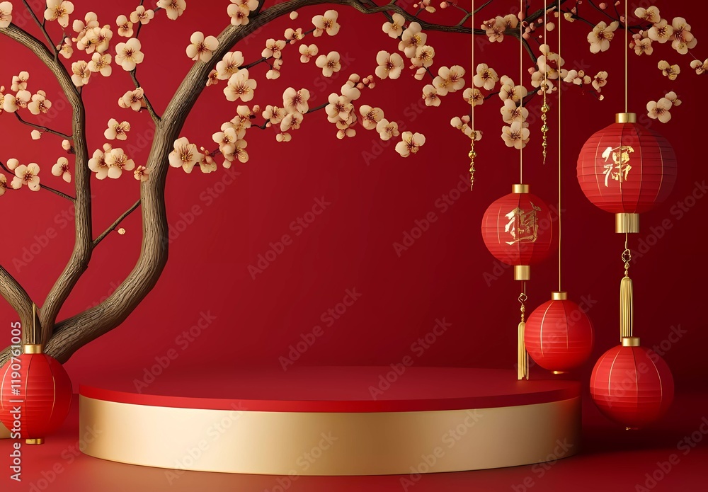 Poster 3d rendering of a podium display with a chinese new year background, featuring a red and gold color 