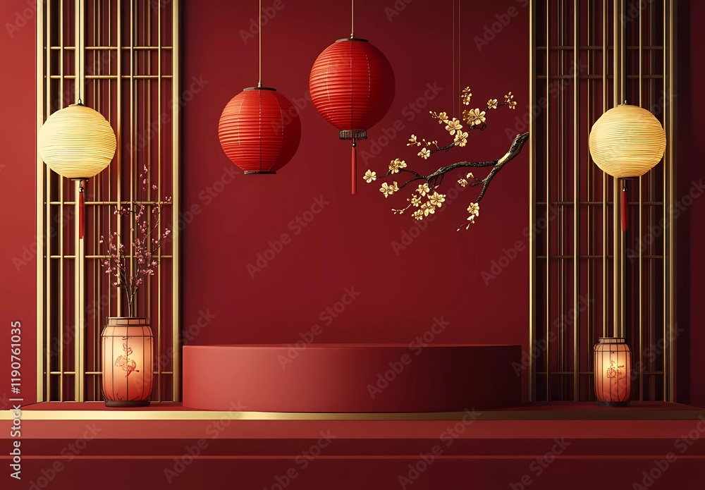 Poster 3d rendering of a podium display with a chinese new year background, featuring a red and gold color 