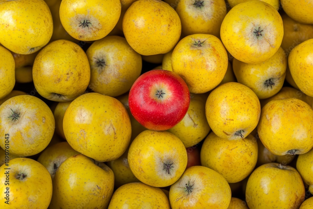 Poster vibrant composition of yellow apples with a single red apple standing out in a bountiful display of 
