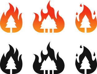 Wildfire silhouette, wildfire icon, tree on fire logo symbol. Vector illustration. PNG transparent