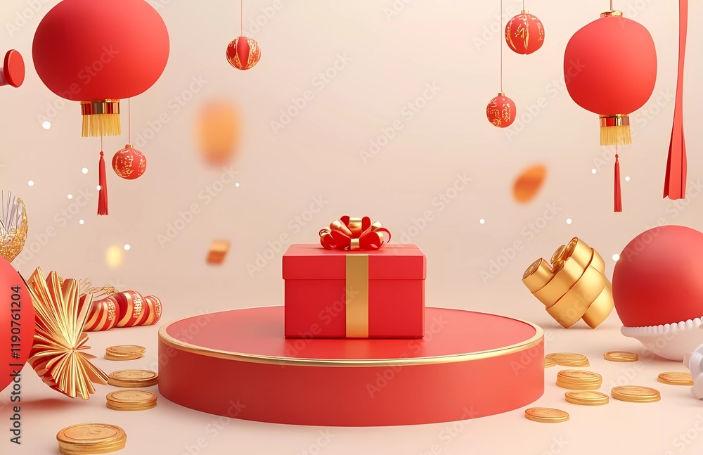 Poster 3d rendering of a podium with a red gift box and chinese new year decoration elements on a light bac