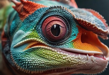 Naklejka premium Close-up of a panther chameleon's mouth with sharp teeth , animal, mouth,