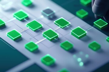 A close-up of green squares being placed on a white diagram with a dark teal background, illustrating a project management flowchart
