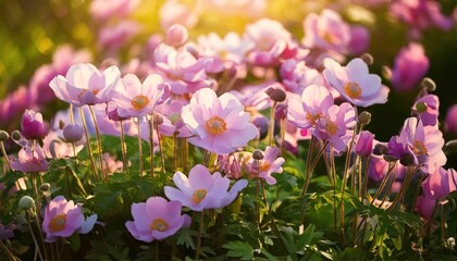 The flowers have a natural background. Most pink Chinese or Japanese anemone flowers are soft