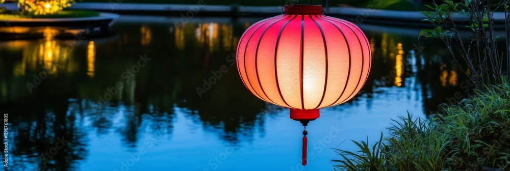 Poster vibrant paper lantern illuminates serene pond in tranquil garden setting at dusk with bokeh lights r