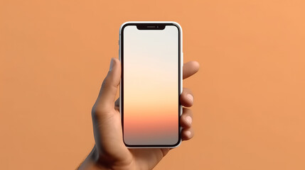 Outstanding Hand using smartphone with blank screen, isolated on orange background
