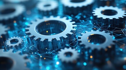 Infographic header featuring interconnected gray and blue gears on a checked background, symbolizing productivity