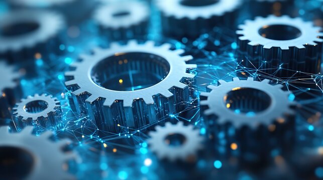 Infographic header featuring interconnected gray and blue gears on a checked background, symbolizing productivity
