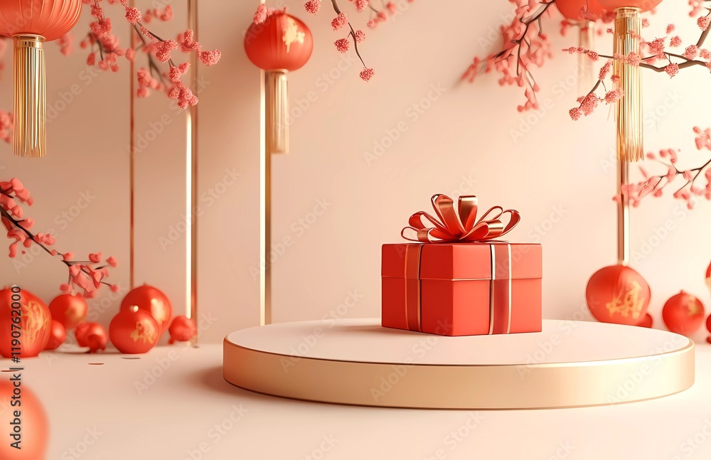 Poster 3d rendering of a podium with a red gift box and chinese new year decoration elements on a light bac