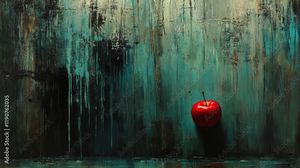Poster vibrant red apple against abstract textured background with bold colors and dripping paint patterns