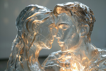 A mesmerizing sculpture depicting two lovers engaged in a tender moment. The shimmering finish and soft light create an ethereal ambiance, highlighting their closeness and connection.