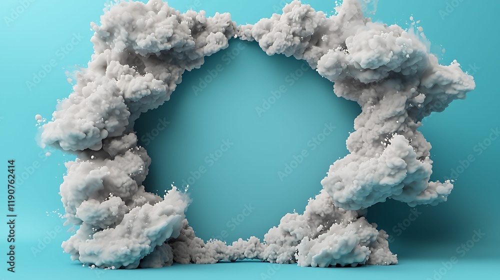 Poster a surreal cloud formation in a circular shape against a light blue background, creating a dreamy and