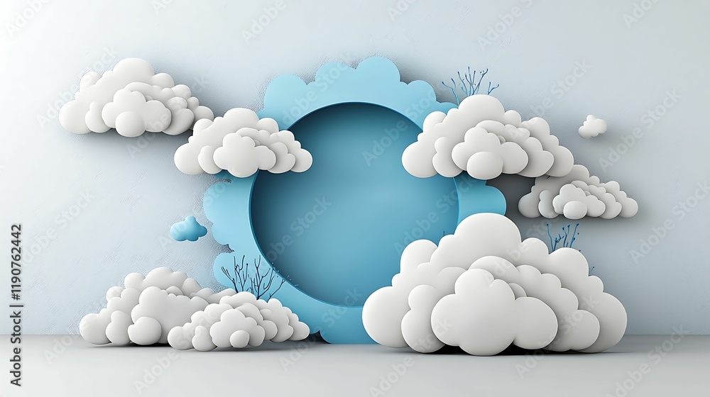 Poster a playful 3d scene featuring fluffy clouds surrounding a circular blue cutout against a light backgr