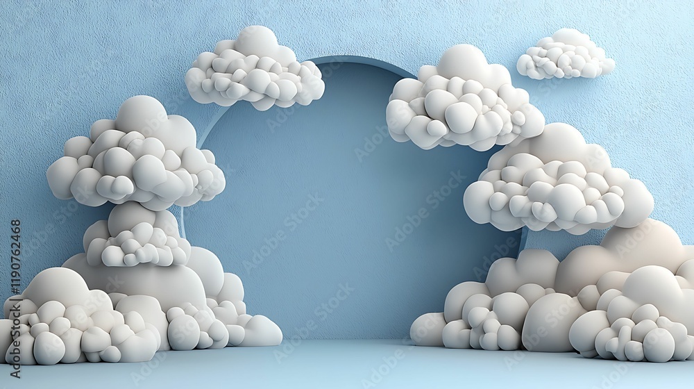 Aufkleber a whimsical, three-dimensional scene featuring fluffy white clouds against a soft blue background, c