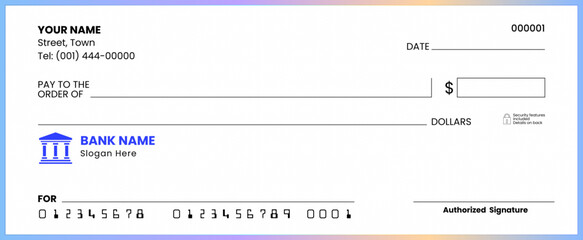 Blank bank check template, generic American cheque design in vector format, ideal for financial and professional purposes