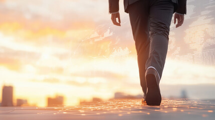 Fototapeta premium Walking businessman on digital path at sunset, symbolizing progress and innovation