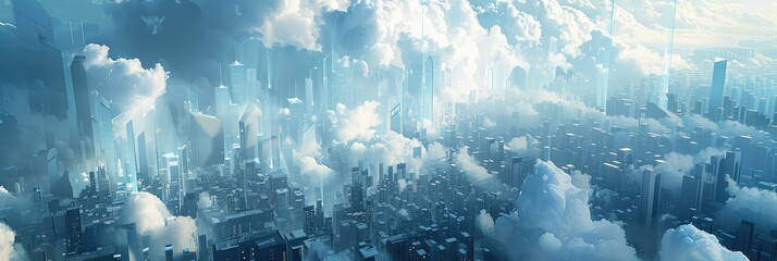 Naklejka premium Futuristic Cityscape Soaring Through Clouds