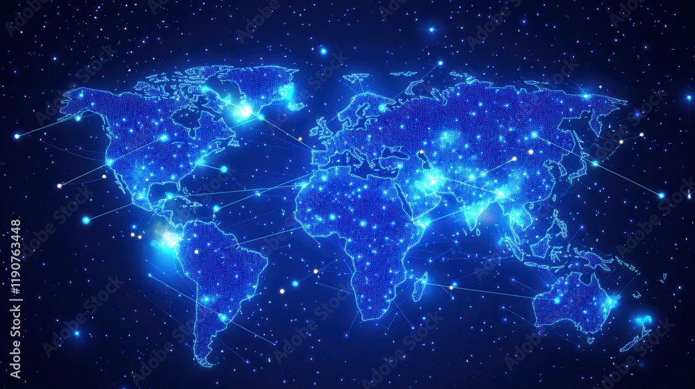 Aufkleber world map with glowing data points and lines representing business expansion strategy, showcasing gl