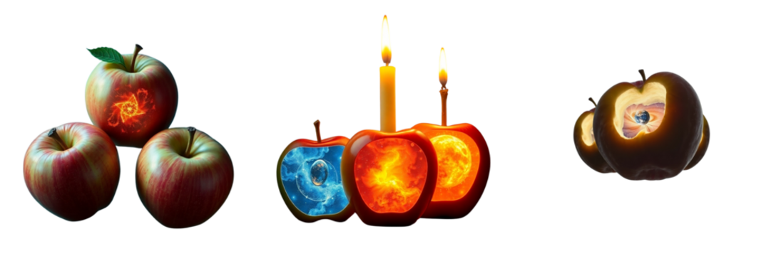 Set of A vivid colors three apples, each with a different cosmic phenomenon within isolated on transparent background