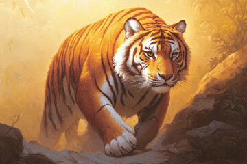 Majestic tiger emerging from dense jungle, showcasing strength