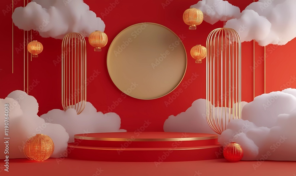 Poster 3d rendering with a chinese-style background podium featuring a red and gold color scheme for produc