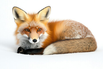 Obraz premium Striking red fox curled up in snow, its vibrant fur glistening