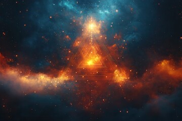 Vibrant cosmic triangle formed by bright colors and swirling clouds in an ethereal space environment