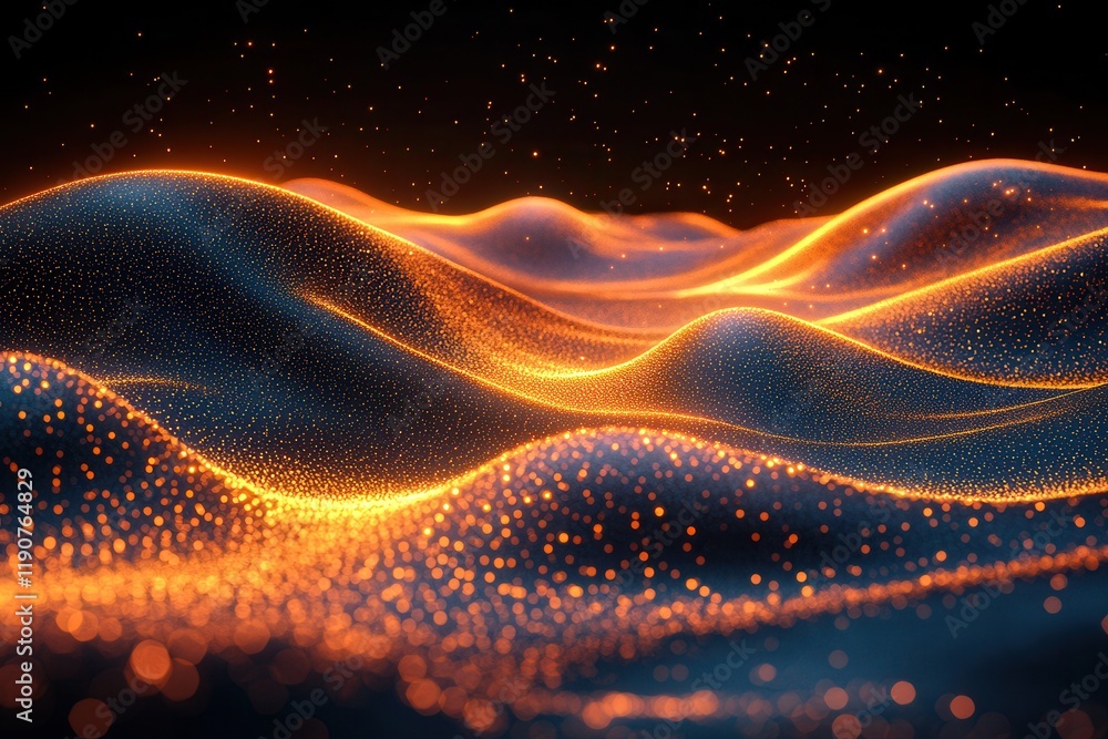 Wall mural visualizing flowing waves of energy with glowing particles in a dark space
