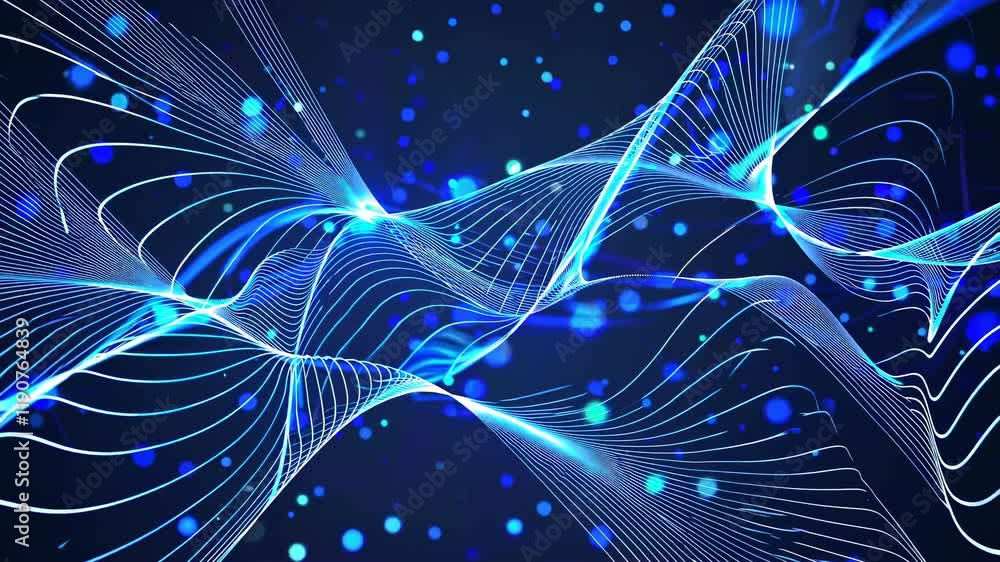 Poster dynamic blue wave patterns creating an engaging visual experience with floating particles