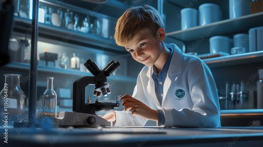 Aufkleber a smart school boy in a lab coat working on a microscope in a science laboratory while smiling at th