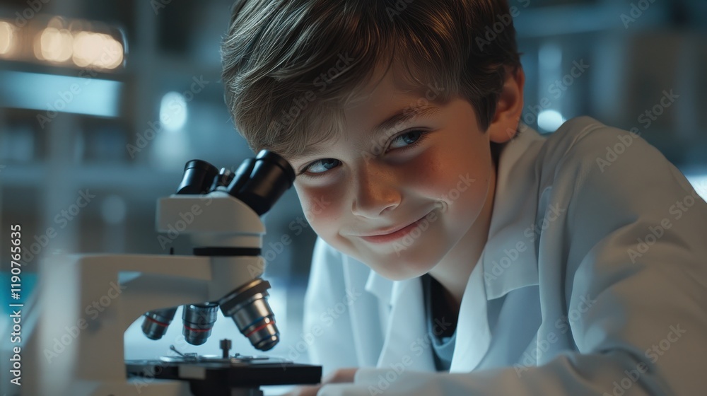 Aufkleber a smart school boy in a lab coat working on a microscope in a science laboratory while smiling at th