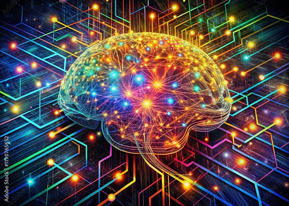 Poster futuristic brain network: digital neural pathways & synergetic connections in a technological landsc