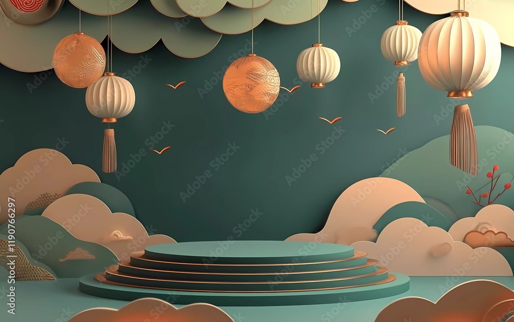 Fototapete 3d vector green background with a podium and lunar new year elements. happy lunar new year celebrati