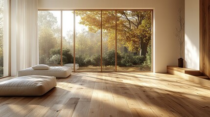 Large windows illuminate an empty space in a modern home with wood floors, offering a minimalist design aesthetic