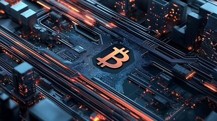 Digital representation of a Bitcoin symbol surrounded by a futuristic cityscape at night