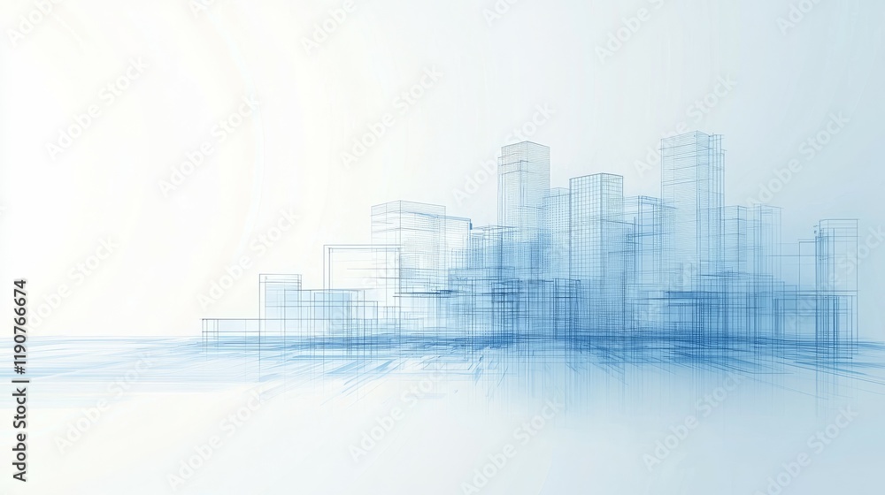 Poster a blue-tinted wireframe cityscape representing urban architecture and design concepts.