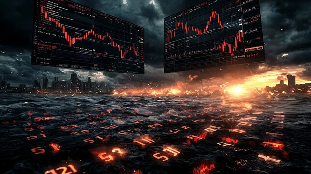 Dramatic financial market visualization with stock charts above a turbulent ocean at sunset