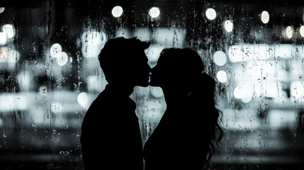 Hundreds of silhouettes reveal couples embracing in tender kisses by a rain-soaked window, with city lights shimmering in the background during a romantic night.